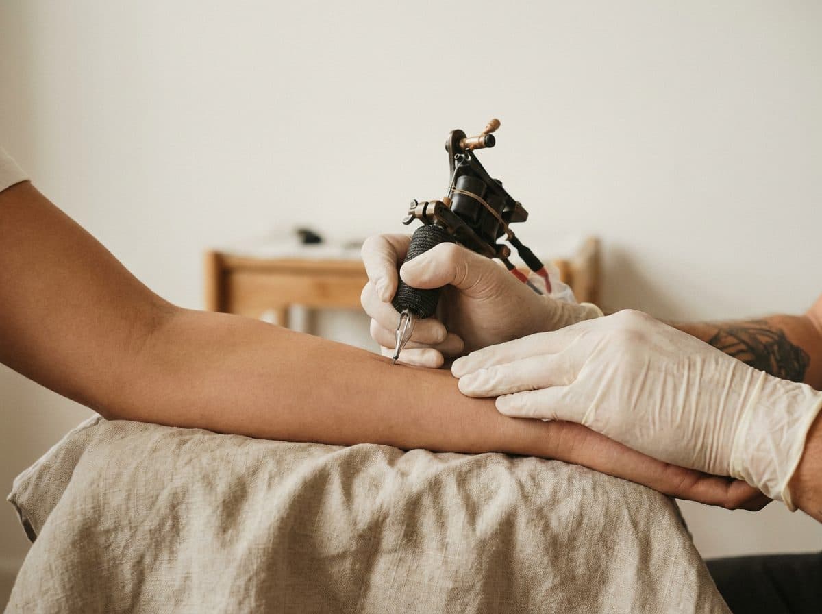 Tattoo artist working precisely on a client's forearm in the studio